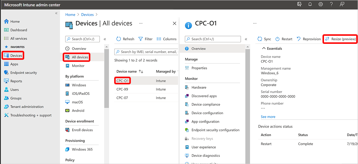 Screenshot of the Microsoft Intune Admin center resize pc option.
