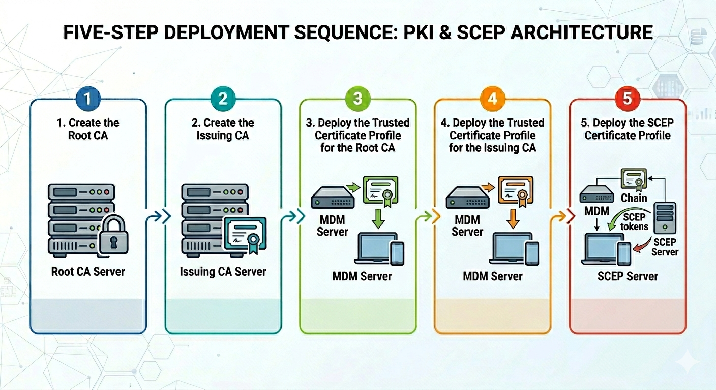 A diagram showing a 5-step deployment for a PKI & SCEP architecture. The steps involve creating CA servers and deploying certificate profiles to MDM.