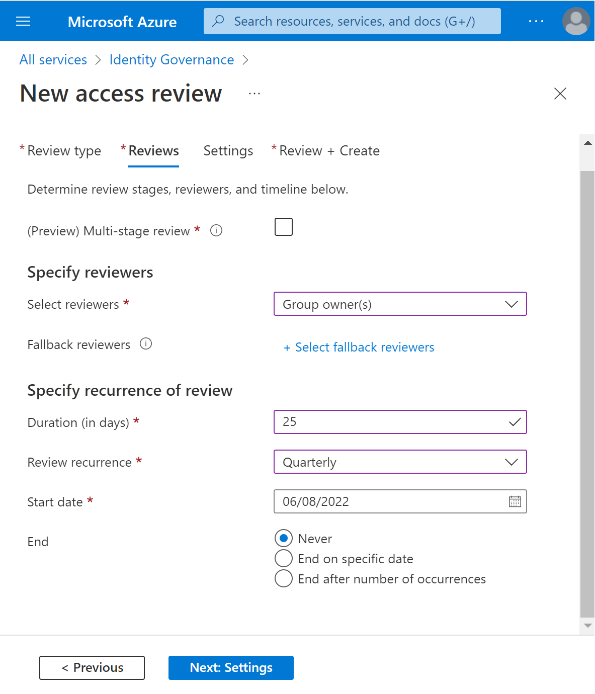 Screenshot of New access review.