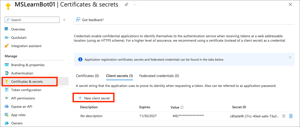 Screenshot of the Certificates & Secrets page in the Azure AD admin center.