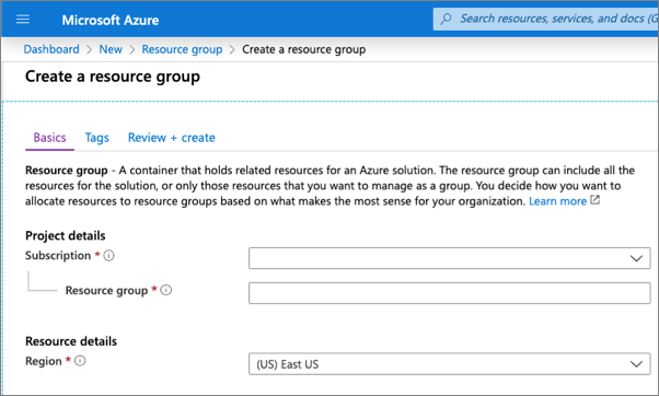Screenshot of creating a resource group - search for the resource group option.
