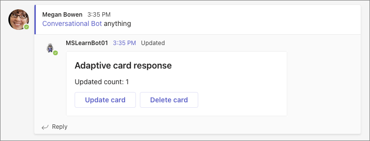 Screenshot of an updated message from the bot using cards.