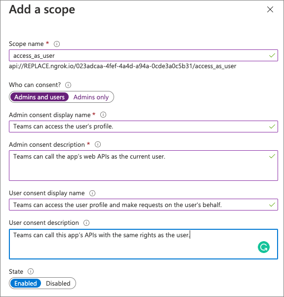 Screenshot of the Expose an API - Add a scope dialog in Azure AD.
