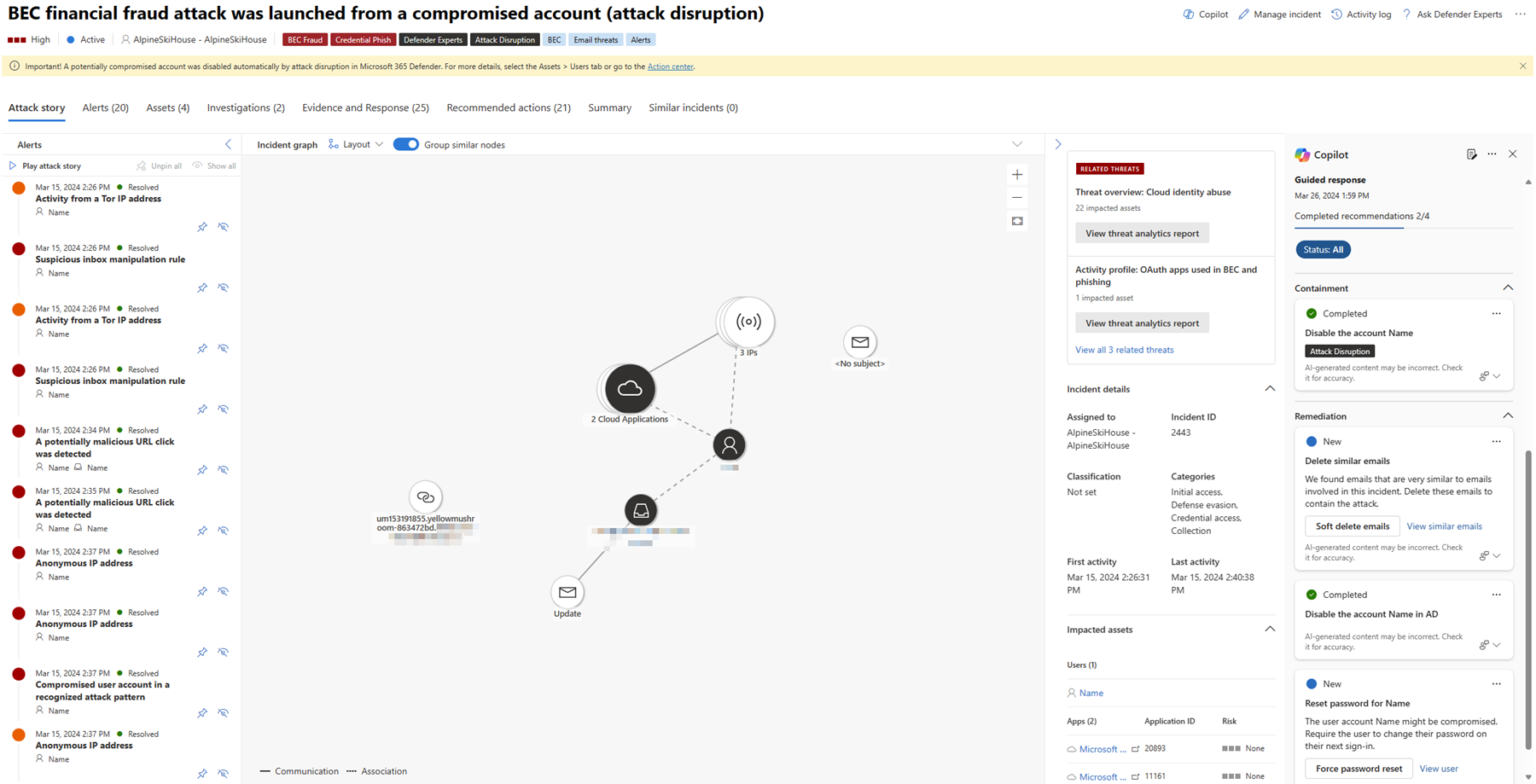 Microsoft Defender incident view showing Copilot guided response recommendations for containment and remediation.