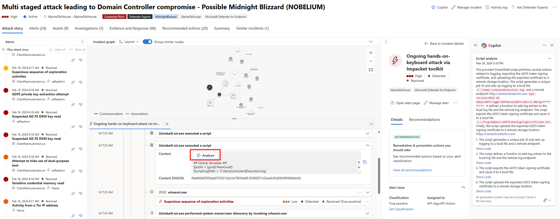 Microsoft Defender incident showing Copilot analysis of suspicious PowerShell script activity.