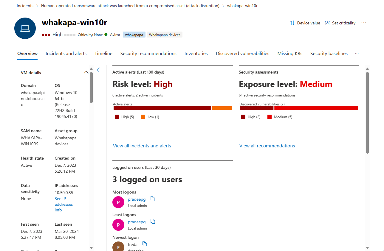 Microsoft Defender device page showing risk level, exposure level, alerts, users, and recommendations.