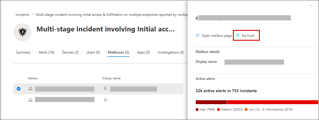 Microsoft Defender incident entity panel showing the Go hunt action for advanced hunting.