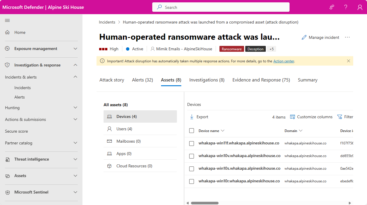 Microsoft Defender incident Assets tab showing impacted devices in a ransomware attack.