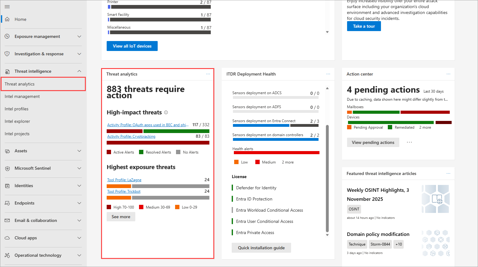 Microsoft Defender Threat analytics dashboard showing high-impact threats and exposure insights.