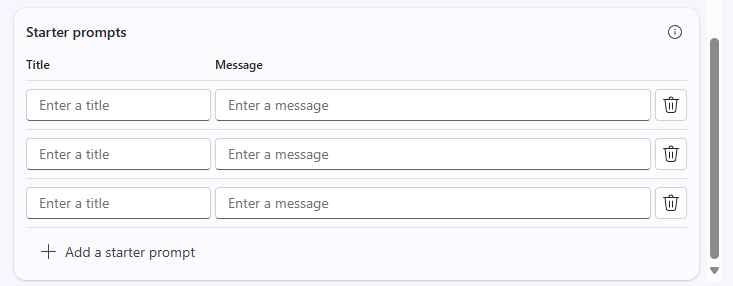 Screenshot showing the Start prompt fields on the Configure tab in Copilot Studio.