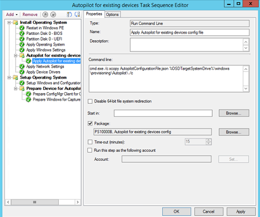 Screenshot of Task Sequence Editor showing Autopilot for existing devices options.