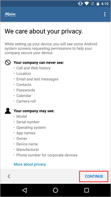 Screenshot of Android device showing work profile enrollment and badged work apps.