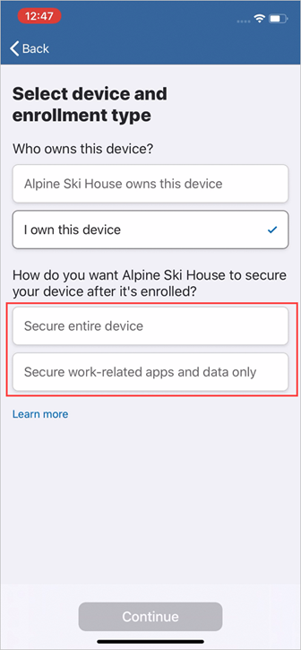 Screenshot of iOS Company Portal app showing device enrollment with management profile prompt.