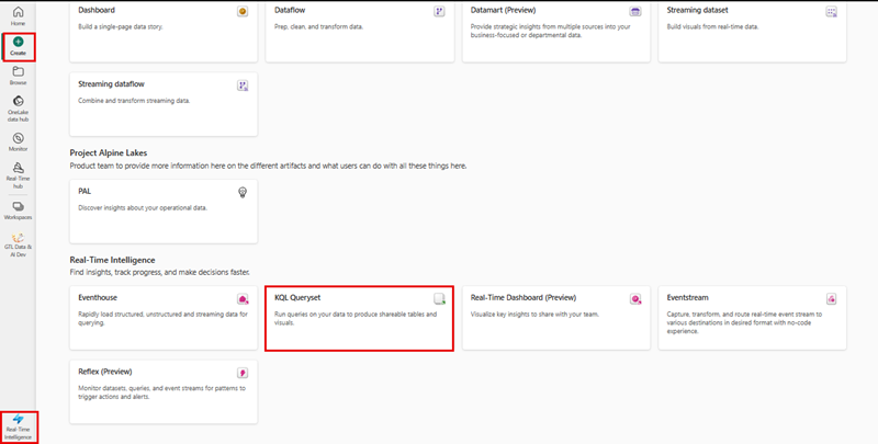 Screenshot of KQL Queryset from within Data Engineering section.