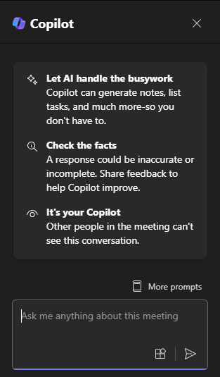 Screenshot of the Copilot chat panel in Teams upon first opening.