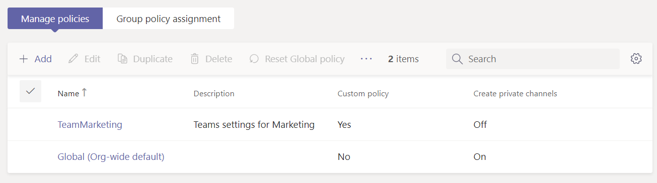 Manage Teams Policies