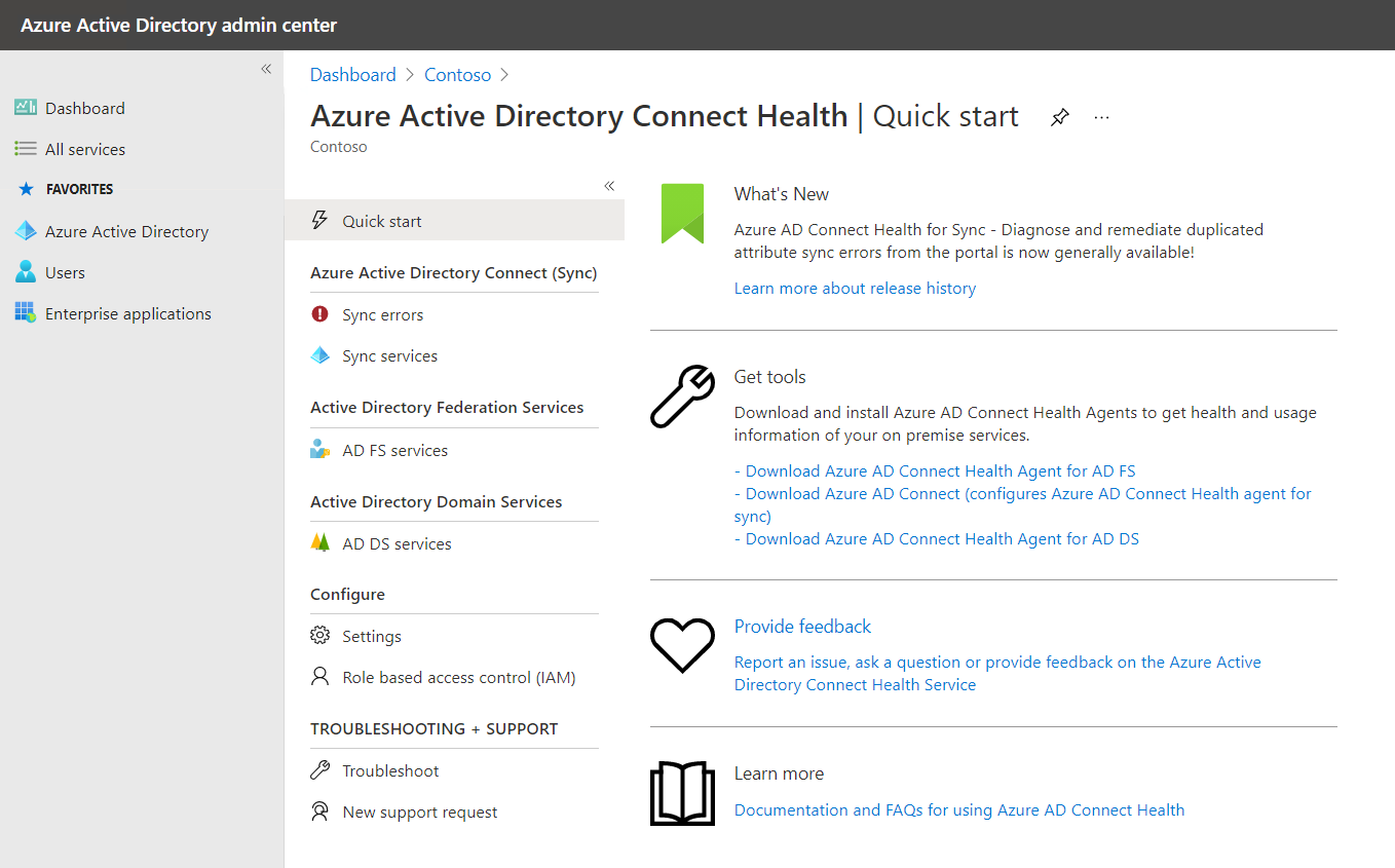 A screenshot displays the Azure Active Directory Connect Health Quick Start page.