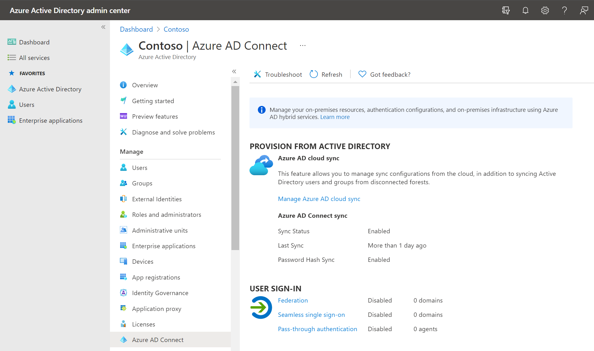A screenshot displays the Azure AD Connect page for Contoso. The Azure AD cloud sync option is enabled and active.