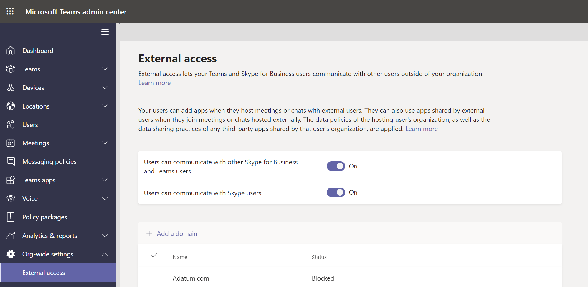 A screenshot displays the External access page on the Org-wide settings. All settings are enabled. The administrator has blocked access with Adatum.com domain.