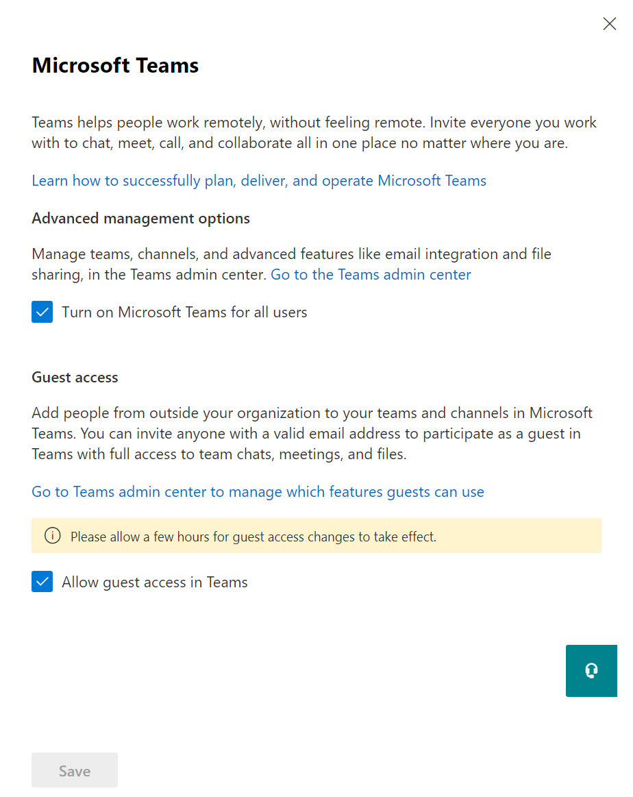 A screenshot displays the Microsoft Teams blade in the Org settings section of the Microsoft 365 admin center. Both settings are enabled.