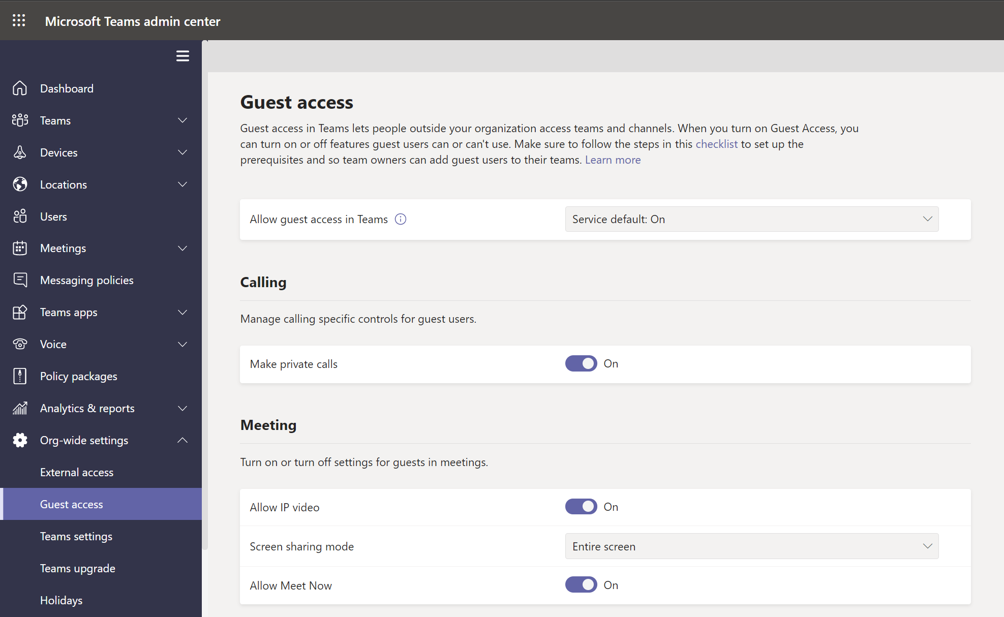 A screenshot of the Guest access page in Org-wide settings. The default values are displayed.