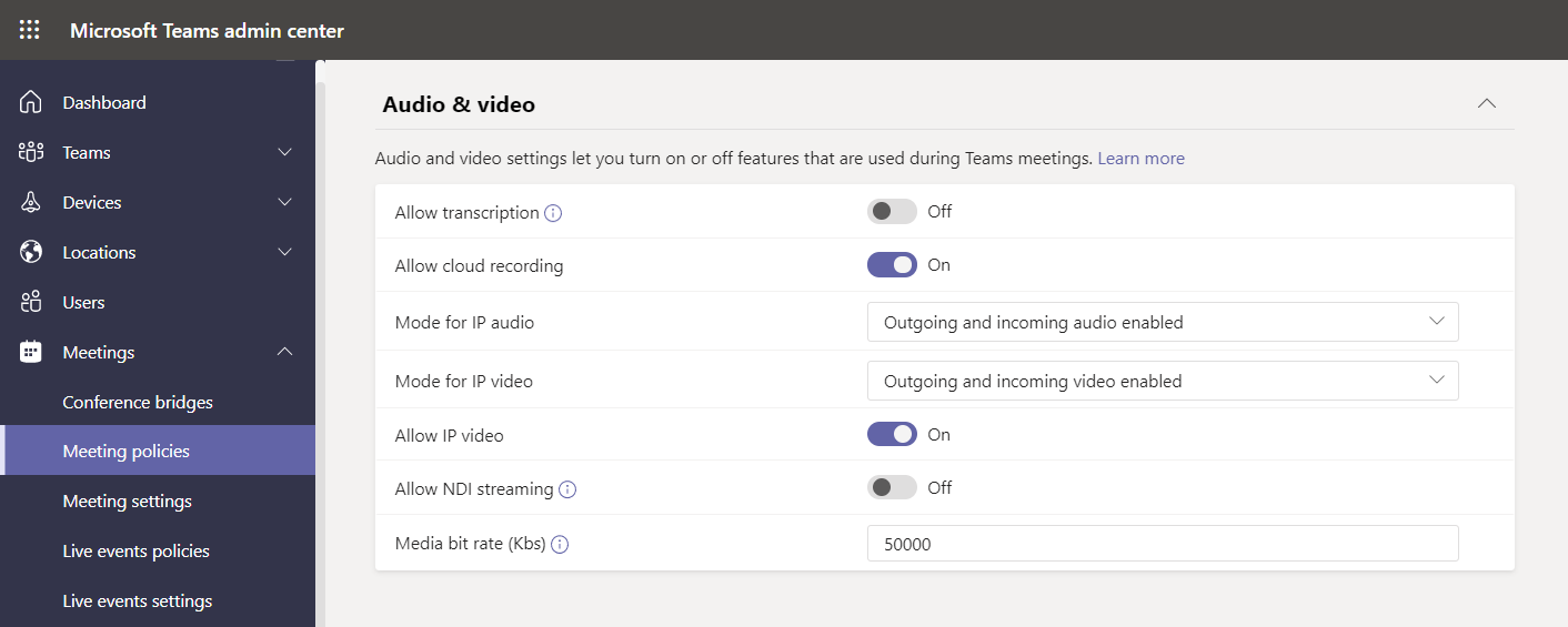 A screenshot that displays the Audio & video meeting policy settings. Defaults are configured.