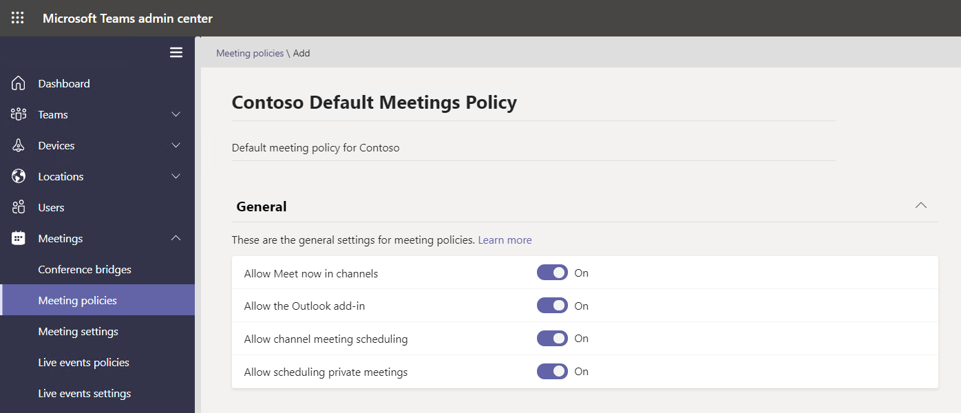 A screenshot that displays the details page for a Meeting policy. Default settings are displayed for General.