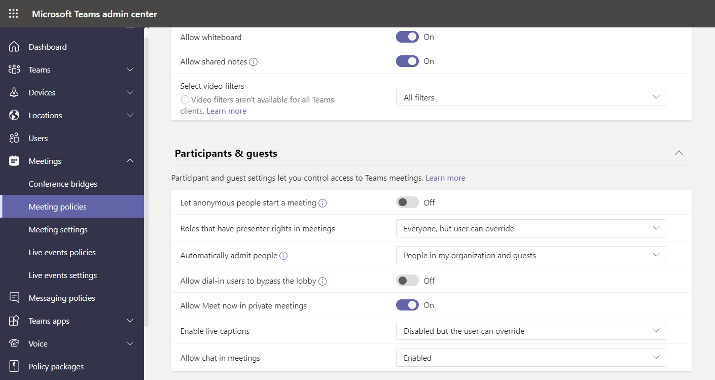 A screenshot that displays the Participants & guests section of a meeting policy. Default settings are displayed.