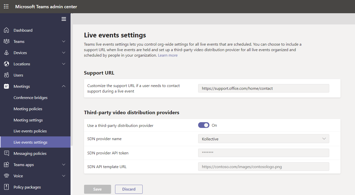 A screenshot that displays the Live events settings page. The administrator has selected to use a third-party distribution provider.