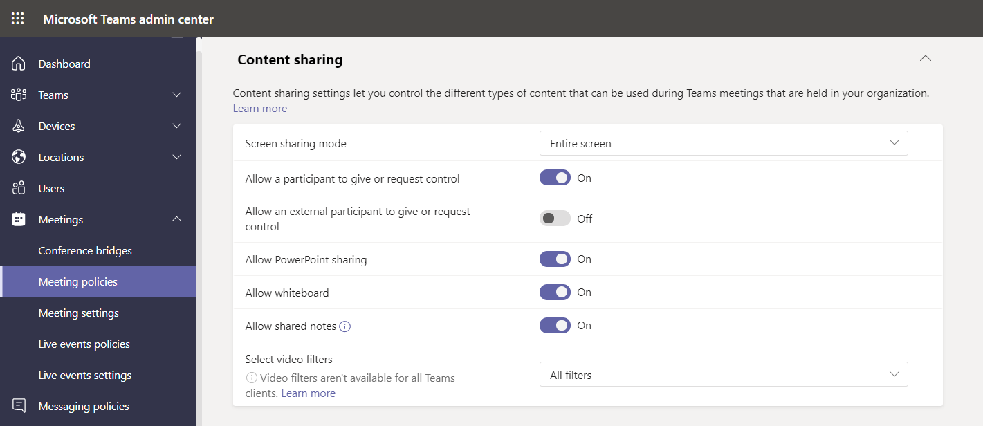 A screenshot that displays the Content sharing section in a meeting policy. All values displayed are defaults.