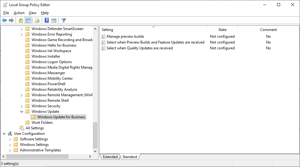 A screenshot of the Local Group Policy Editor. The Windows Update for Business node is displayed.