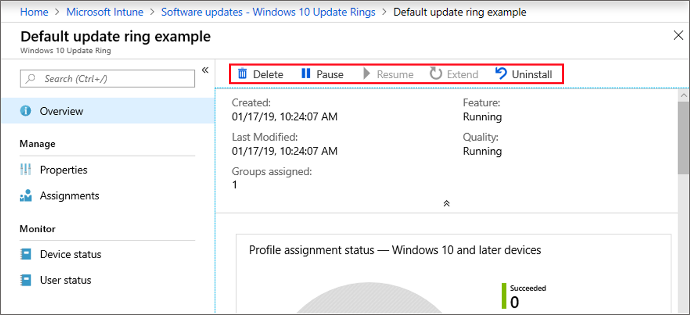 A screenshot that shows the Software Updates - Windows 10 Update Rings page in the Microsoft Intune portal.