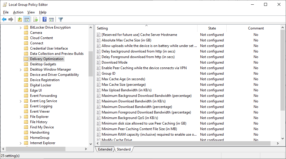 A screenshot of the Local Group Policy Editor that displays the Delivery Optimization node.