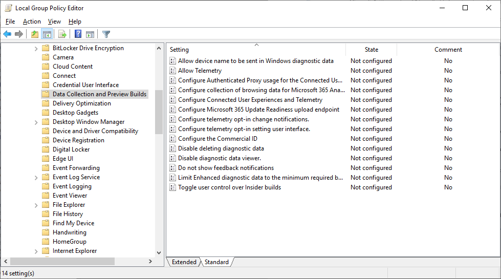 A screenshot of the Local Group Policy Editor. The Data Collection and Preview Builds node is displayed.