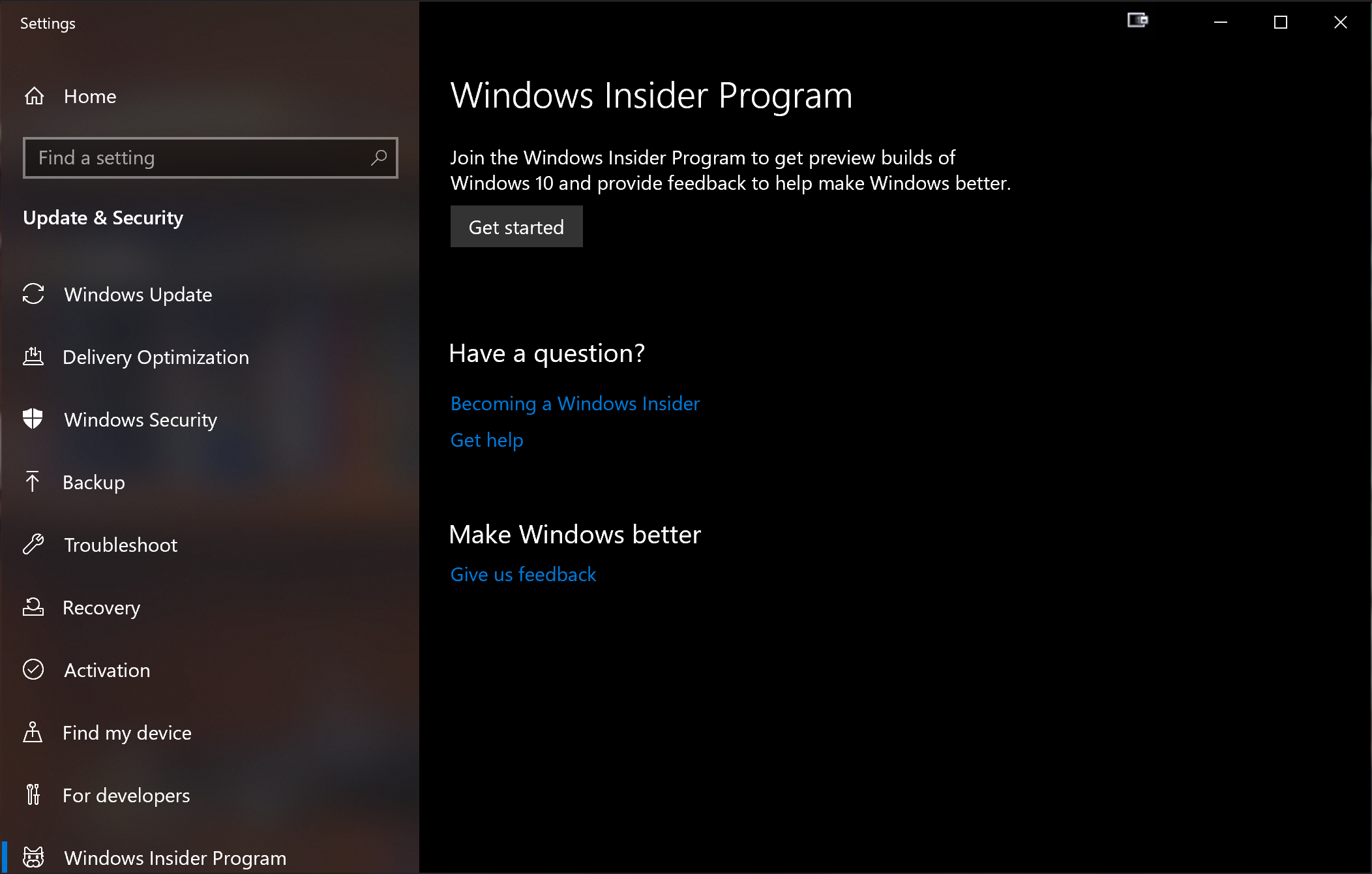Screenshot of the Windows Insider Program tab of the Update and Security node in the Settings app.