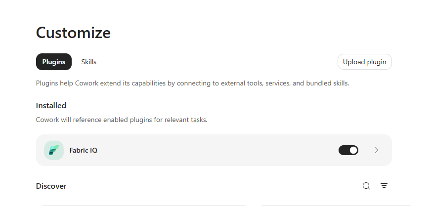 Screenshot of the Customize page Plugins tab, showing an installed plugin and a Discover section listing plugins available to add.