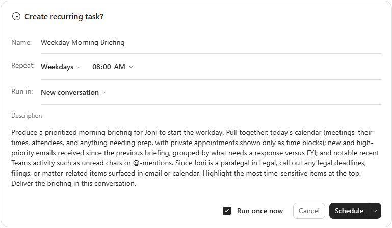 Screenshot of the Create recurring task card.