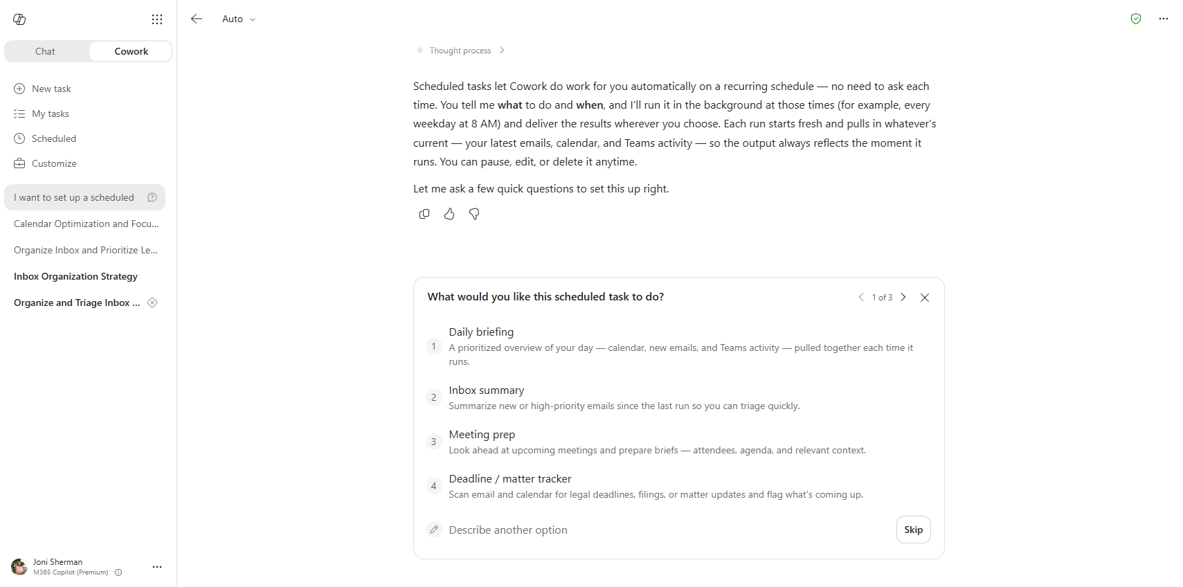 Screenshot of Cowork explaining how scheduled tasks work.