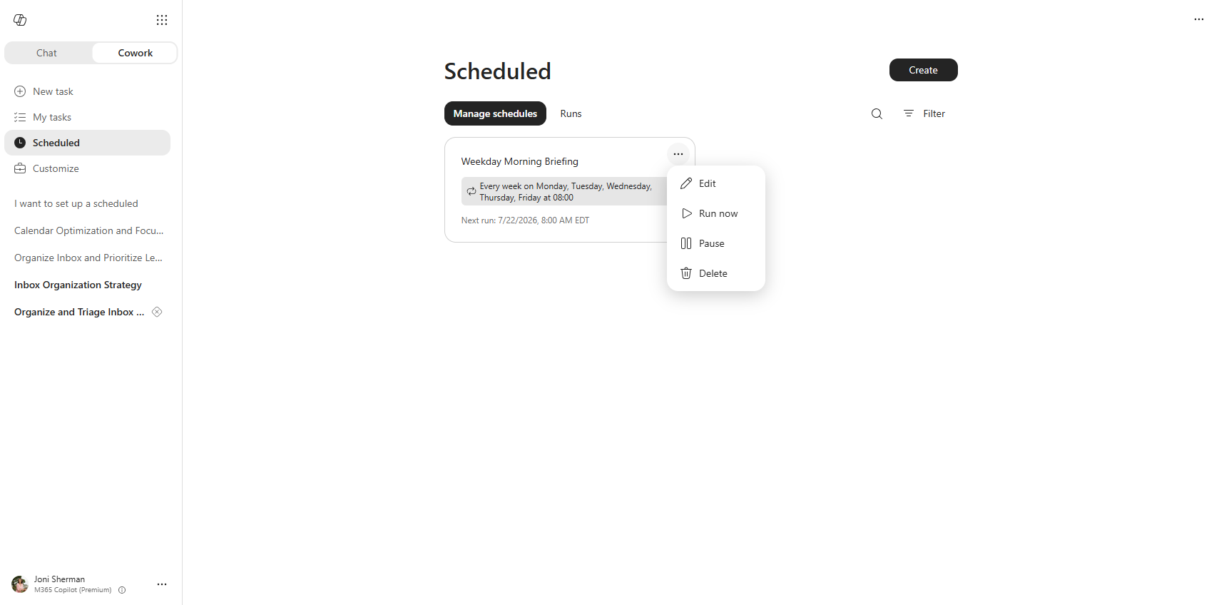 Screenshot of the More actions menu on a schedule card.