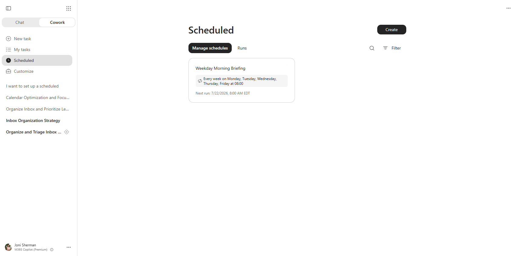 Screenshot of the Cowork scheduled page on the Manage schedules tab.