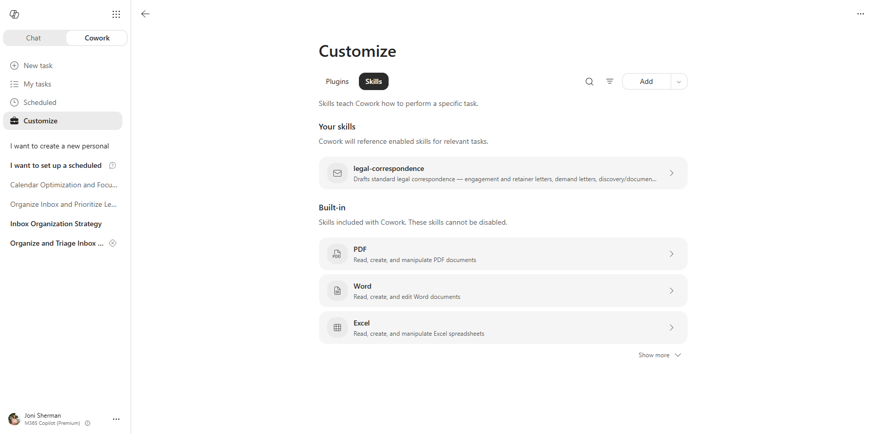 Screenshot of the Customize page Skills tab, showing a custom skill under Your skills and the built-in Word, Excel, and PDF skills below it.