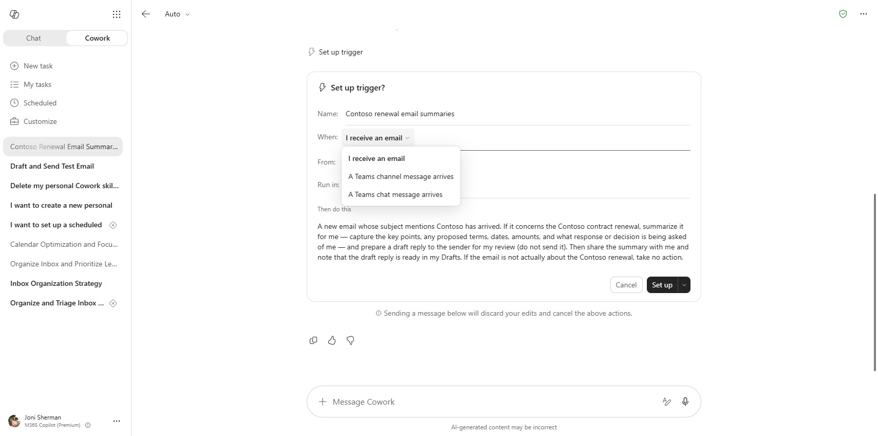 Screenshot of the When dropdown on the Setup trigger card showing options.