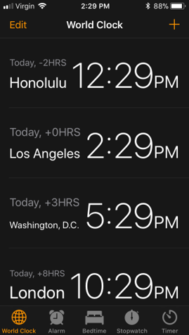 Screenshot of the iOS Clock app showing the bottom tab bar containing various time-related tabs: World Clock, Alarm, Bedtime, Stopwatch, and Timer.