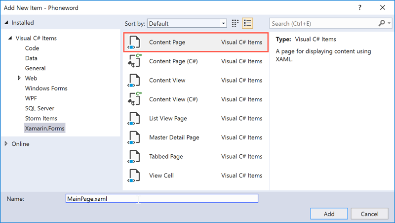 Screenshot of Visual Studio Add New File dialog with the Content Page template highlighted.