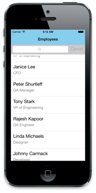Screenshot of a iPhone list view of employees, showing a name and title for each row.