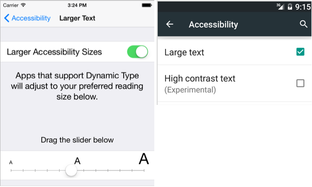 Screenshot showing the iOS and Android system accessibility settings.