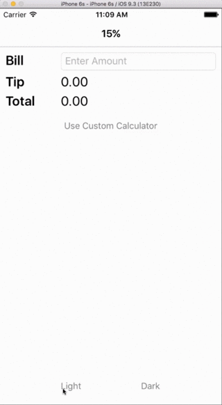 Animation showing the TipCalculator app running. The user taps the "Dark" and "Light" buttons, and the colors of the UI change in response.