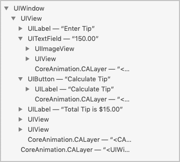Screenshot of an example UI visual tree structure expanded further to show UIImageView and UIView subviews of a UITextField control and a UILabel subview of a UIButton control.