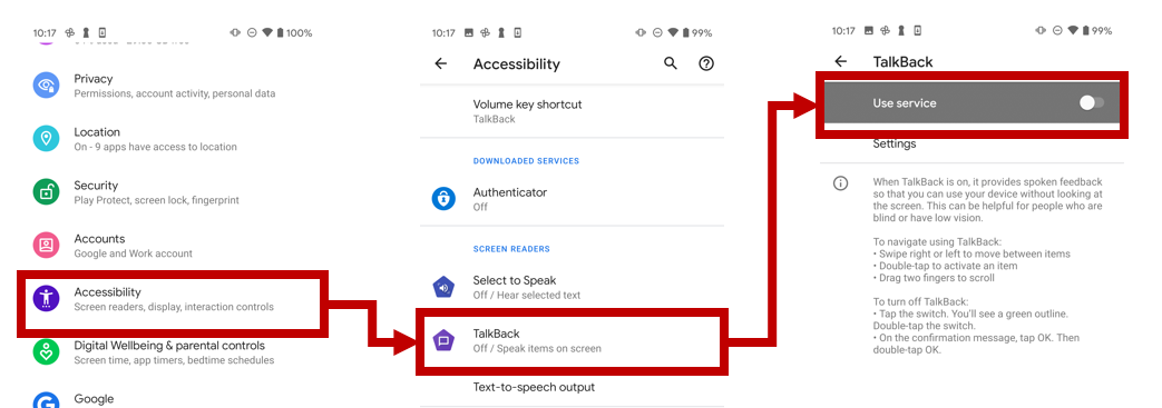 Screenshot that shows selections to enable TalkBack on Android.