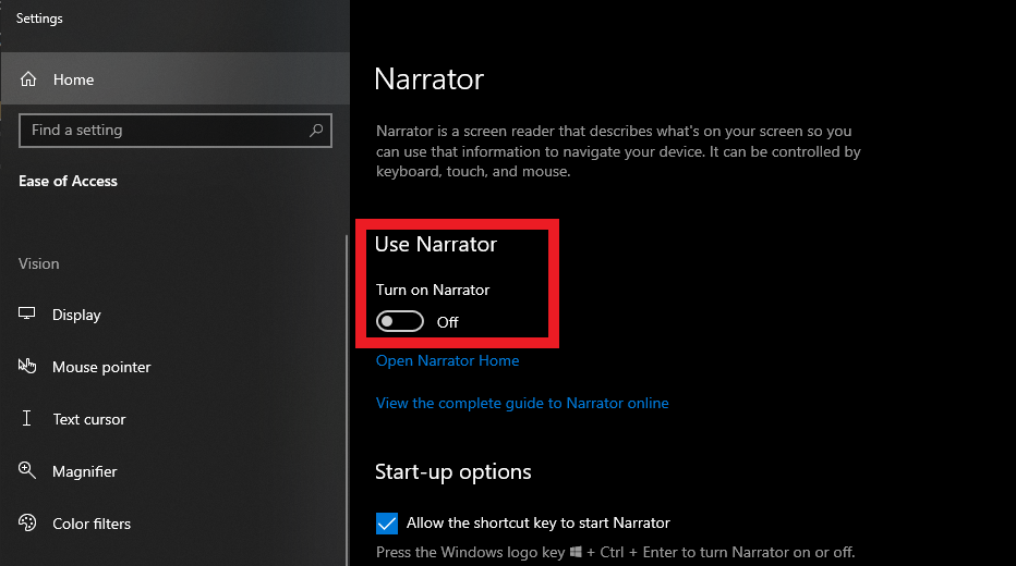 Screenshot that shows the toggle for turning on Narrator.